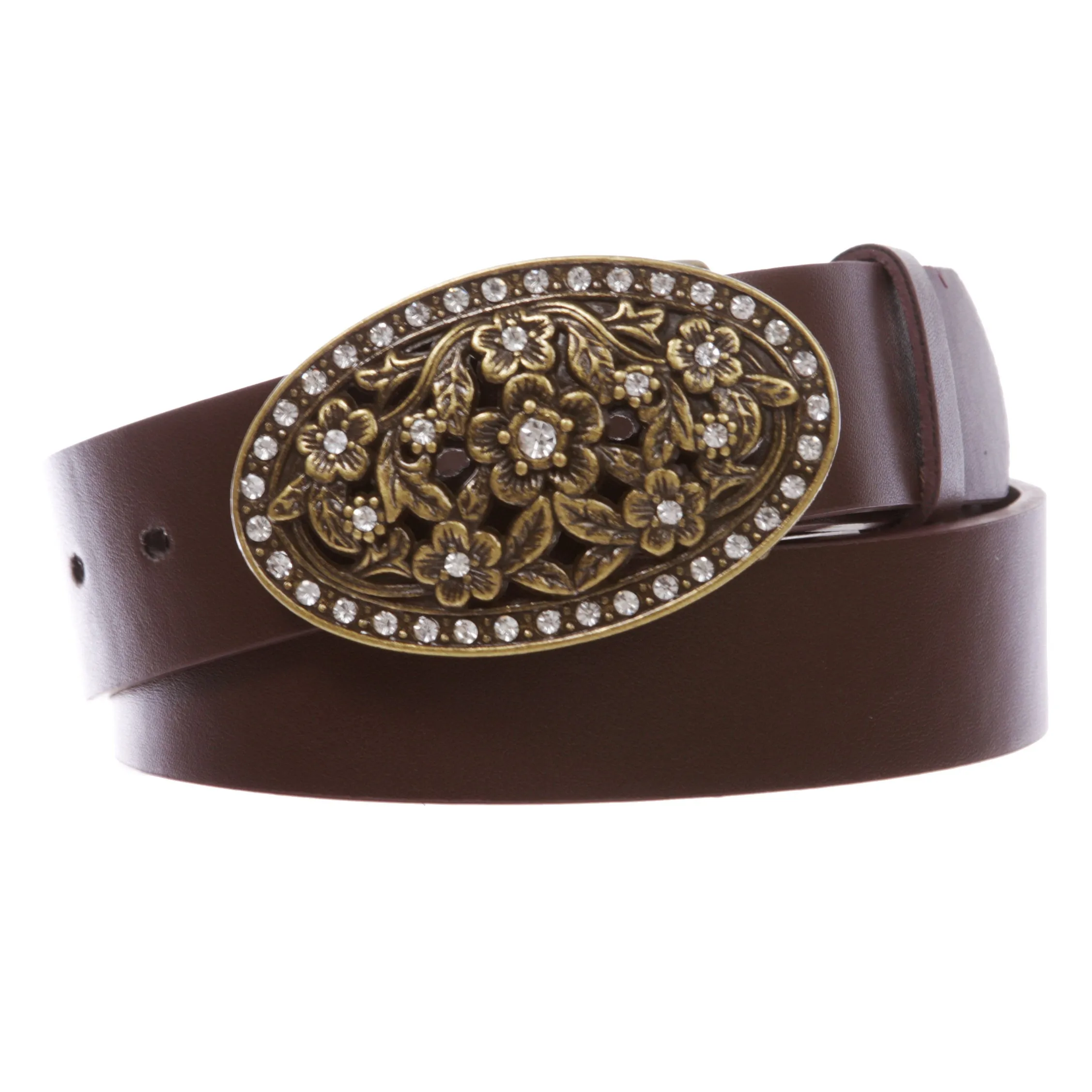 1 1/2" Women's Snap On Belt With Oval Perforated Engraved Crystal Rhinestone Western Floral Buckle