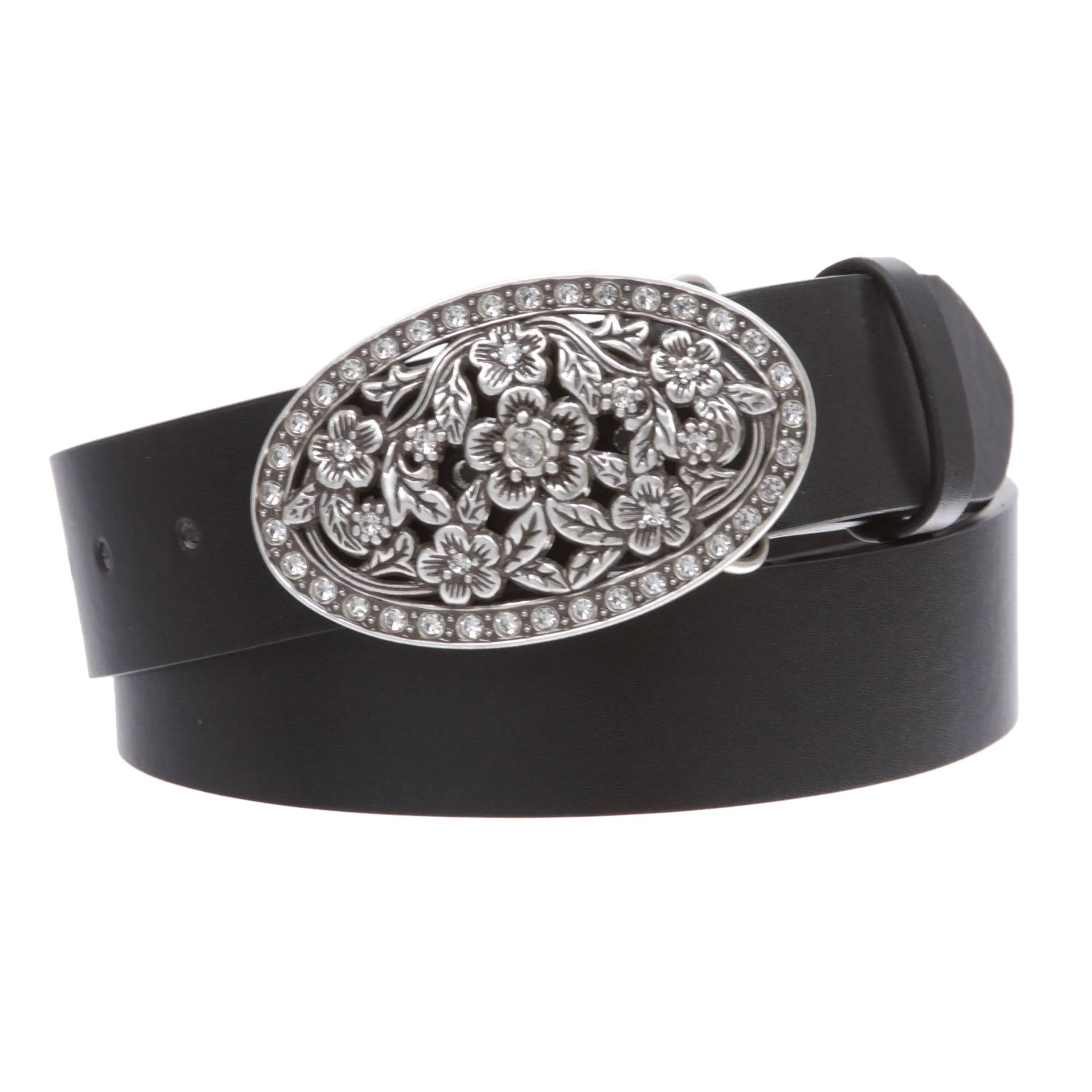 1 1/2" Women's Snap On Belt With Oval Perforated Engraved Crystal Rhinestone Western Floral Buckle