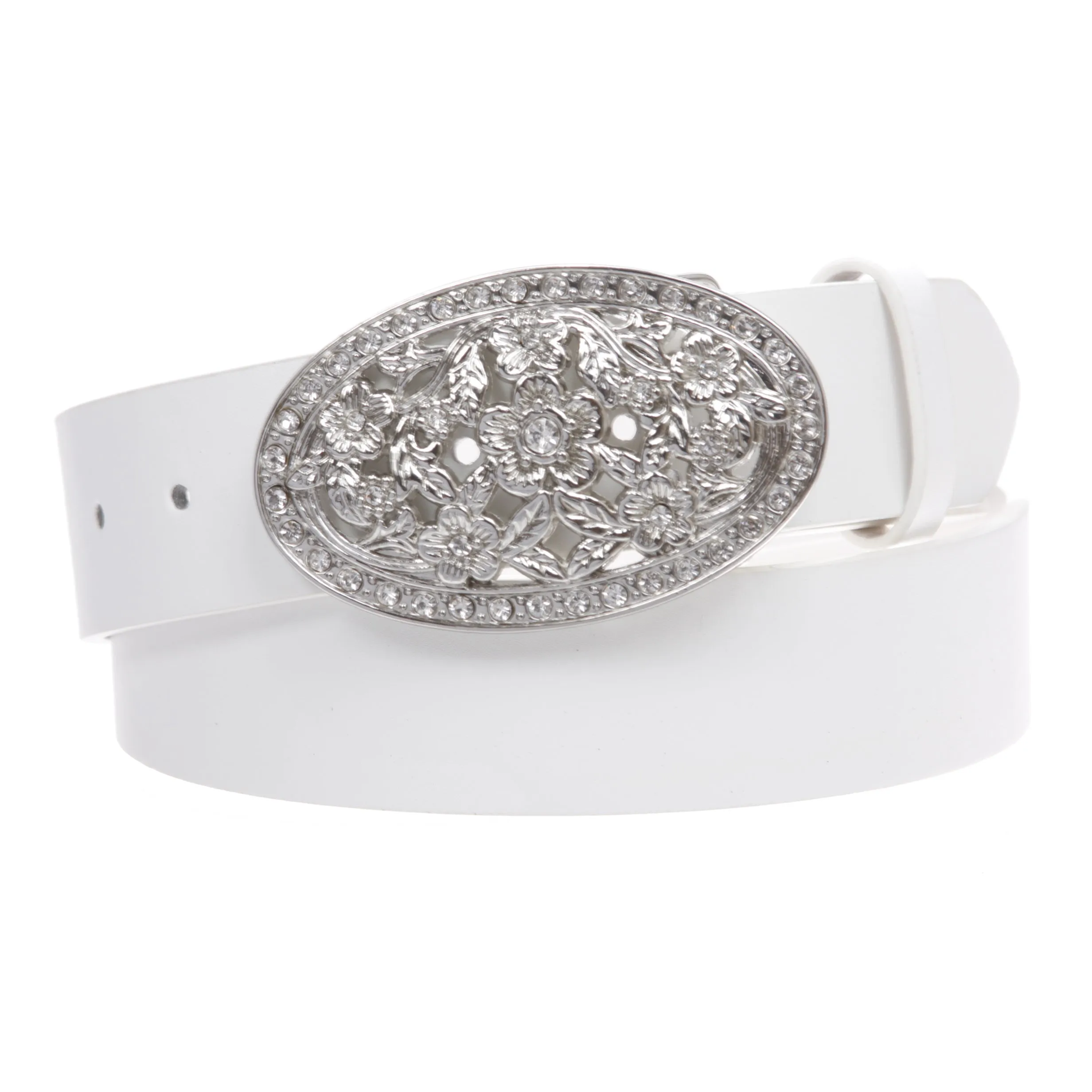 1 1/2" Women's Snap On Belt With Oval Perforated Engraved Crystal Rhinestone Western Floral Buckle