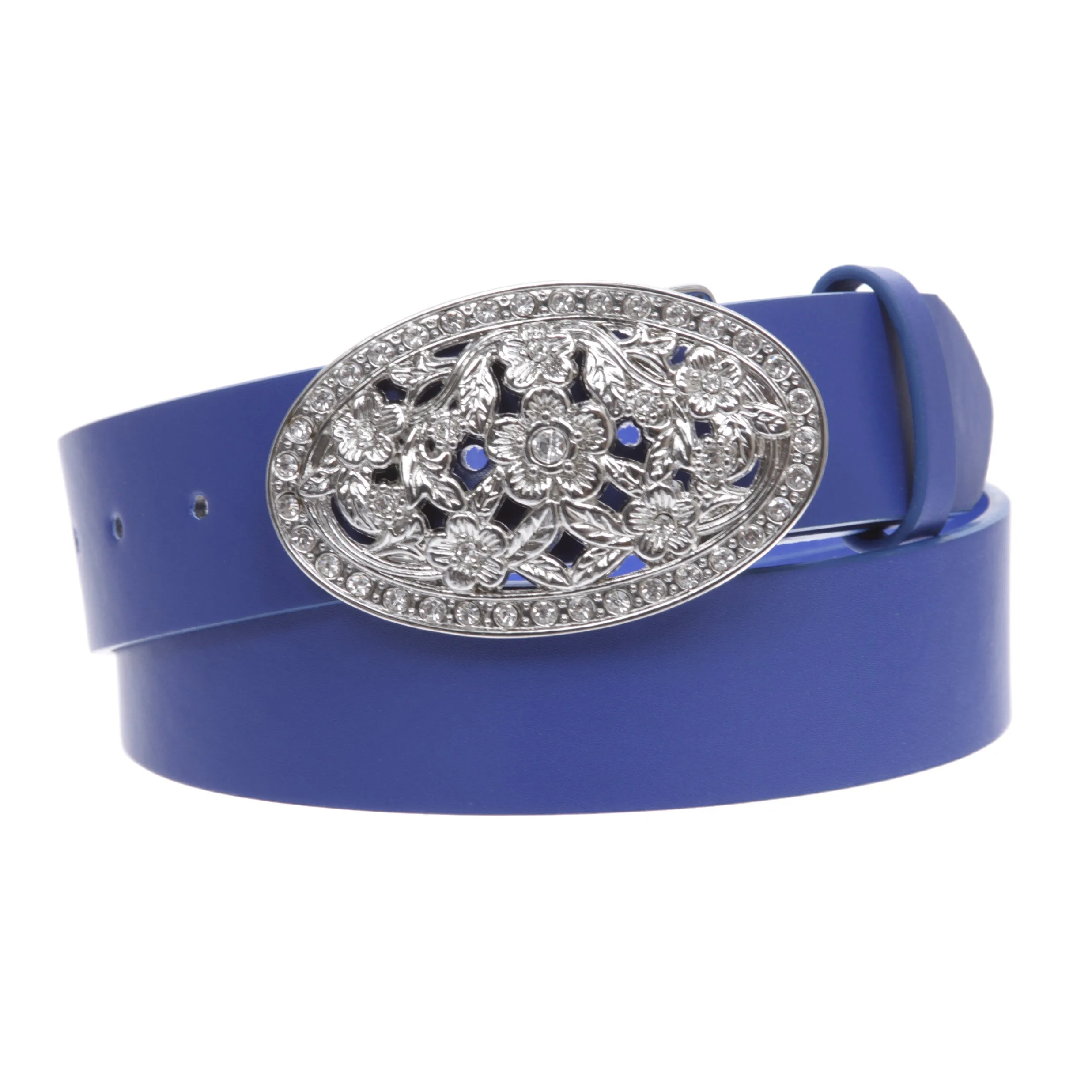 1 1/2" Women's Snap On Belt With Oval Perforated Engraved Crystal Rhinestone Western Floral Buckle