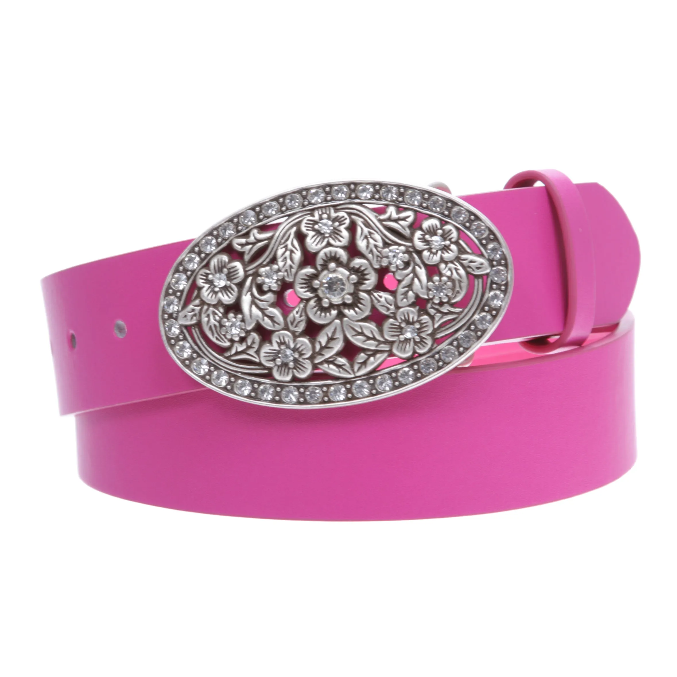 1 1/2" Women's Snap On Belt With Oval Perforated Engraved Crystal Rhinestone Western Floral Buckle