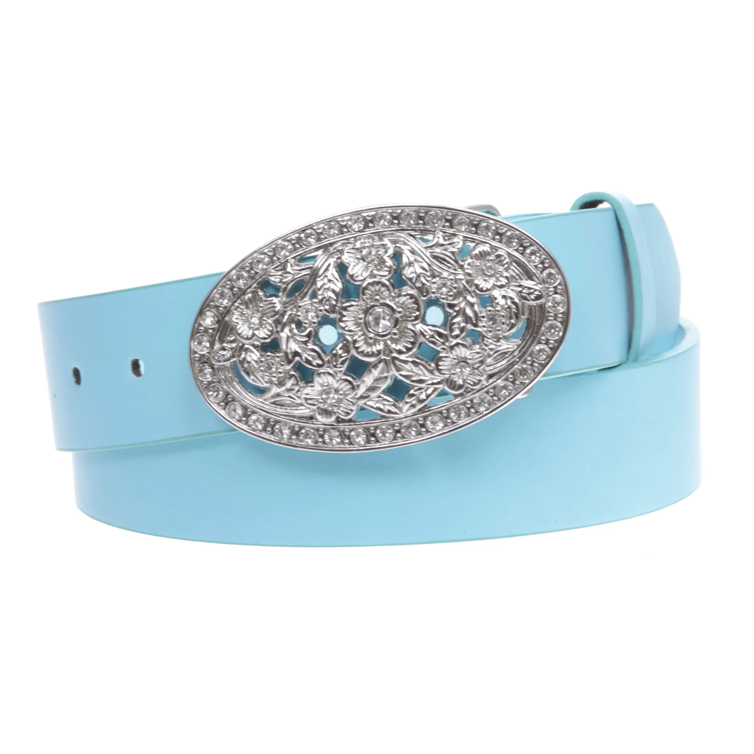 1 1/2" Women's Snap On Belt With Oval Perforated Engraved Crystal Rhinestone Western Floral Buckle