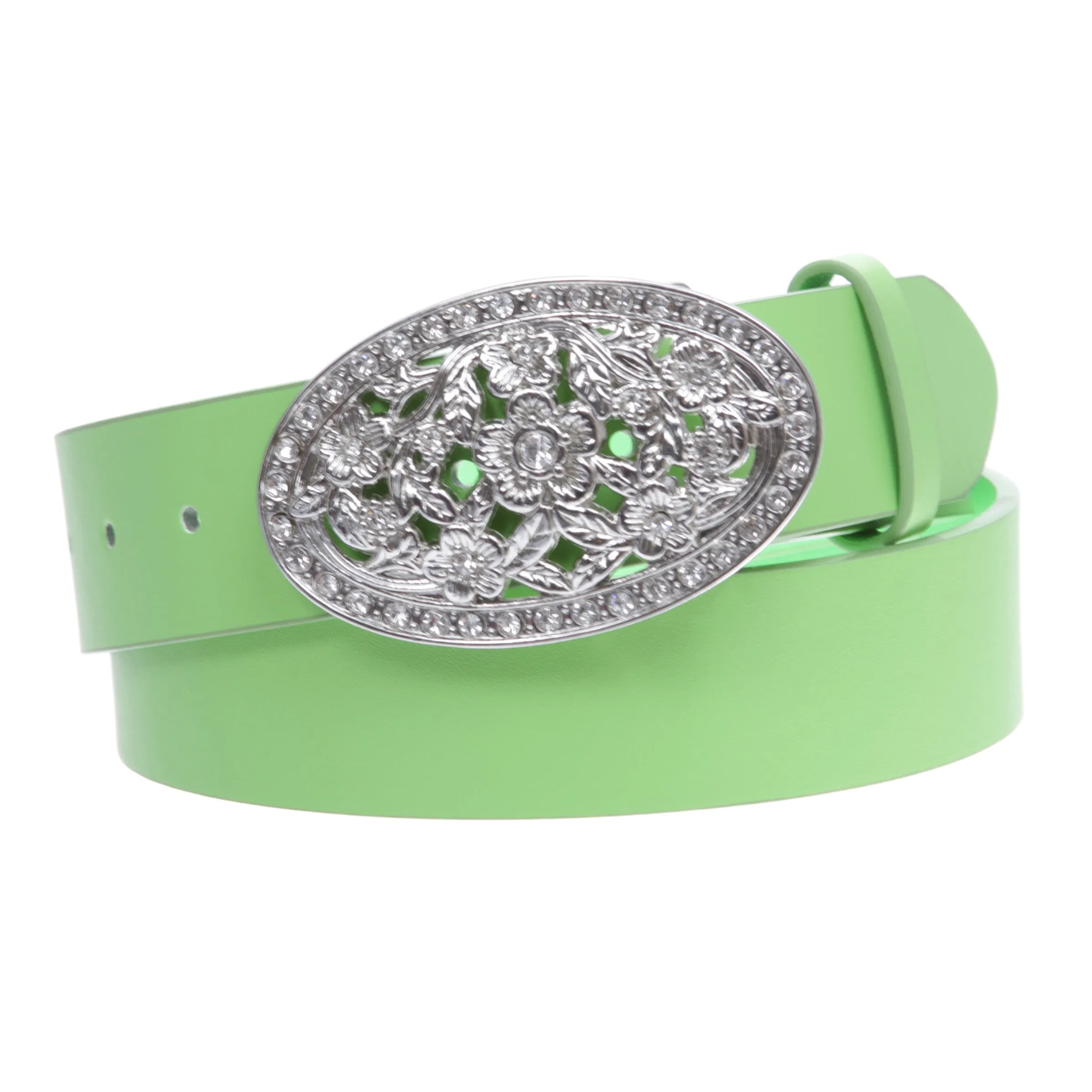 1 1/2" Women's Snap On Belt With Oval Perforated Engraved Crystal Rhinestone Western Floral Buckle