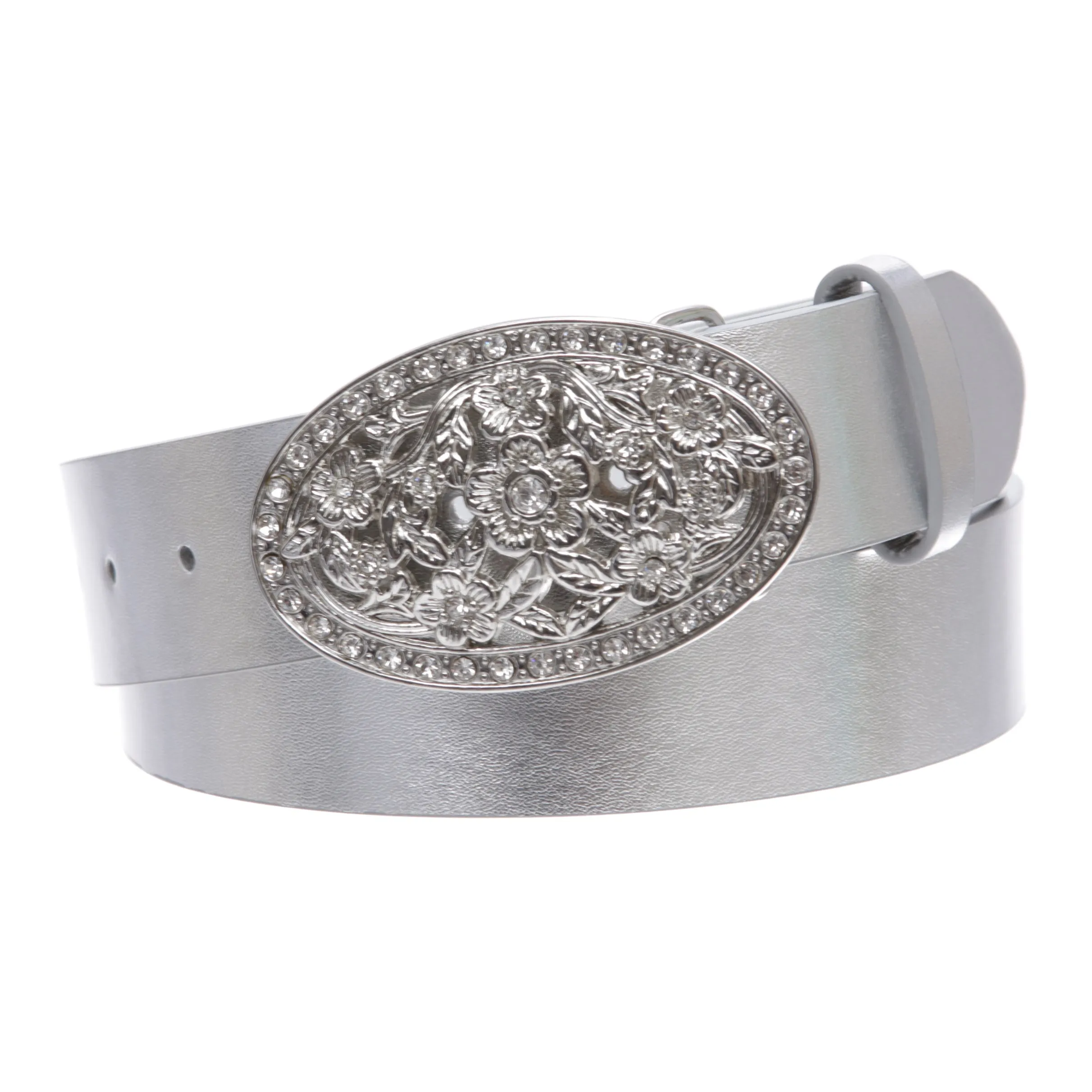 1 1/2" Women's Snap On Belt With Oval Perforated Engraved Crystal Rhinestone Western Floral Buckle