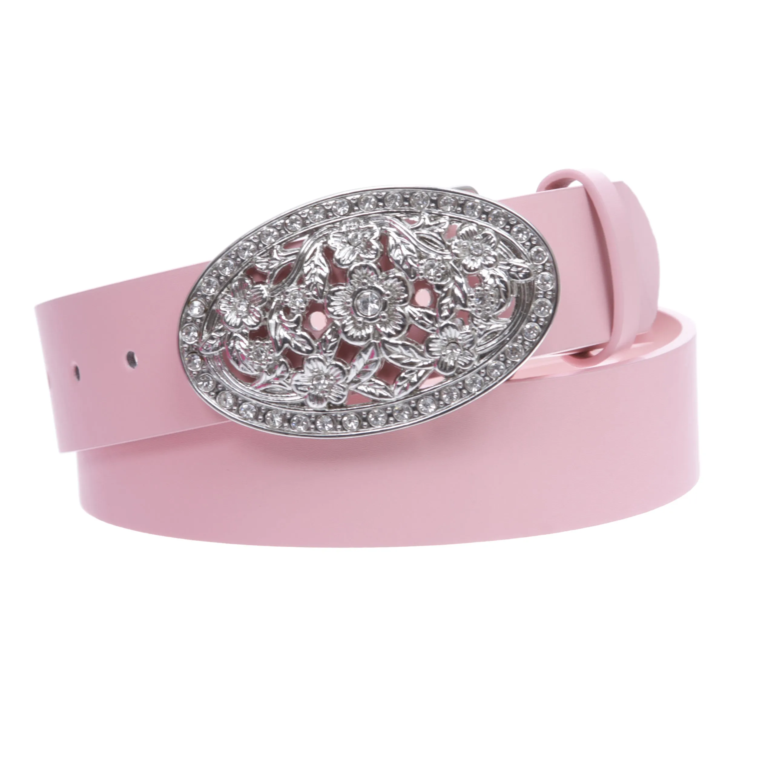1 1/2" Women's Snap On Belt With Oval Perforated Engraved Crystal Rhinestone Western Floral Buckle
