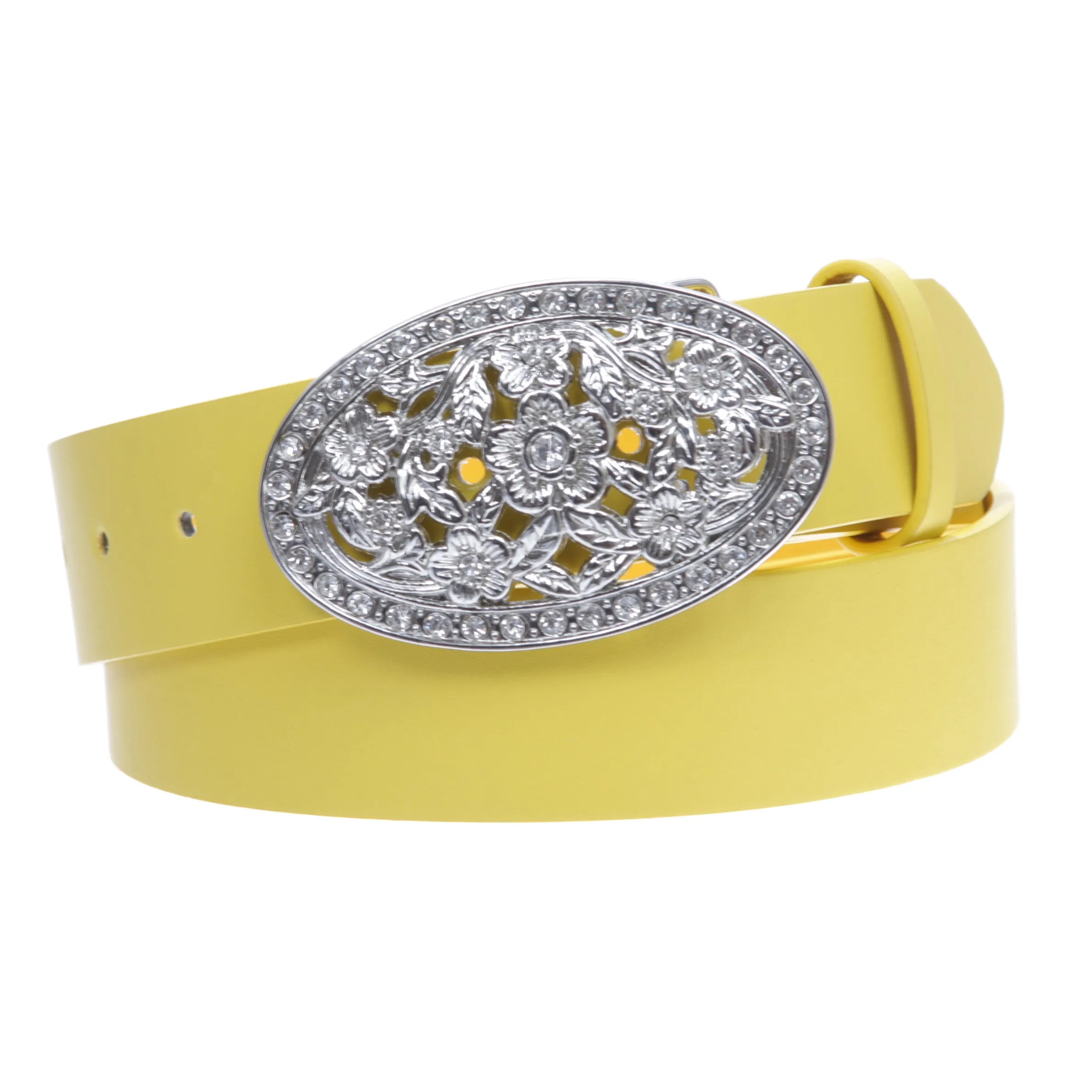 1 1/2" Women's Snap On Belt With Oval Perforated Engraved Crystal Rhinestone Western Floral Buckle