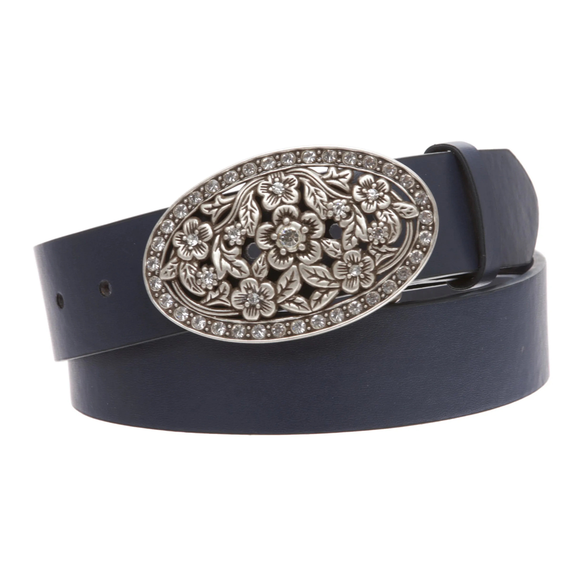 1 1/2" Women's Snap On Belt With Oval Perforated Engraved Crystal Rhinestone Western Floral Buckle