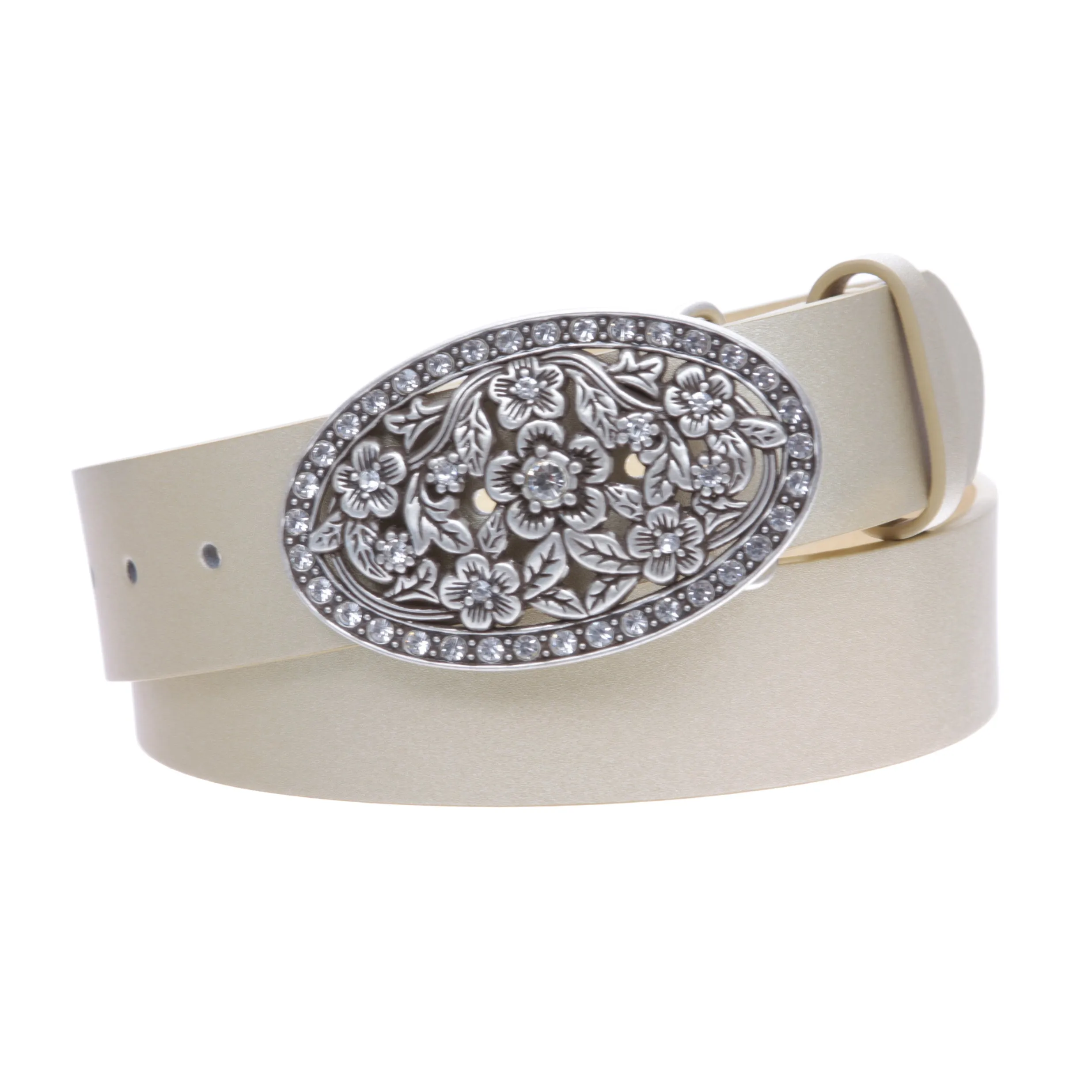 1 1/2" Women's Snap On Belt With Oval Perforated Engraved Crystal Rhinestone Western Floral Buckle