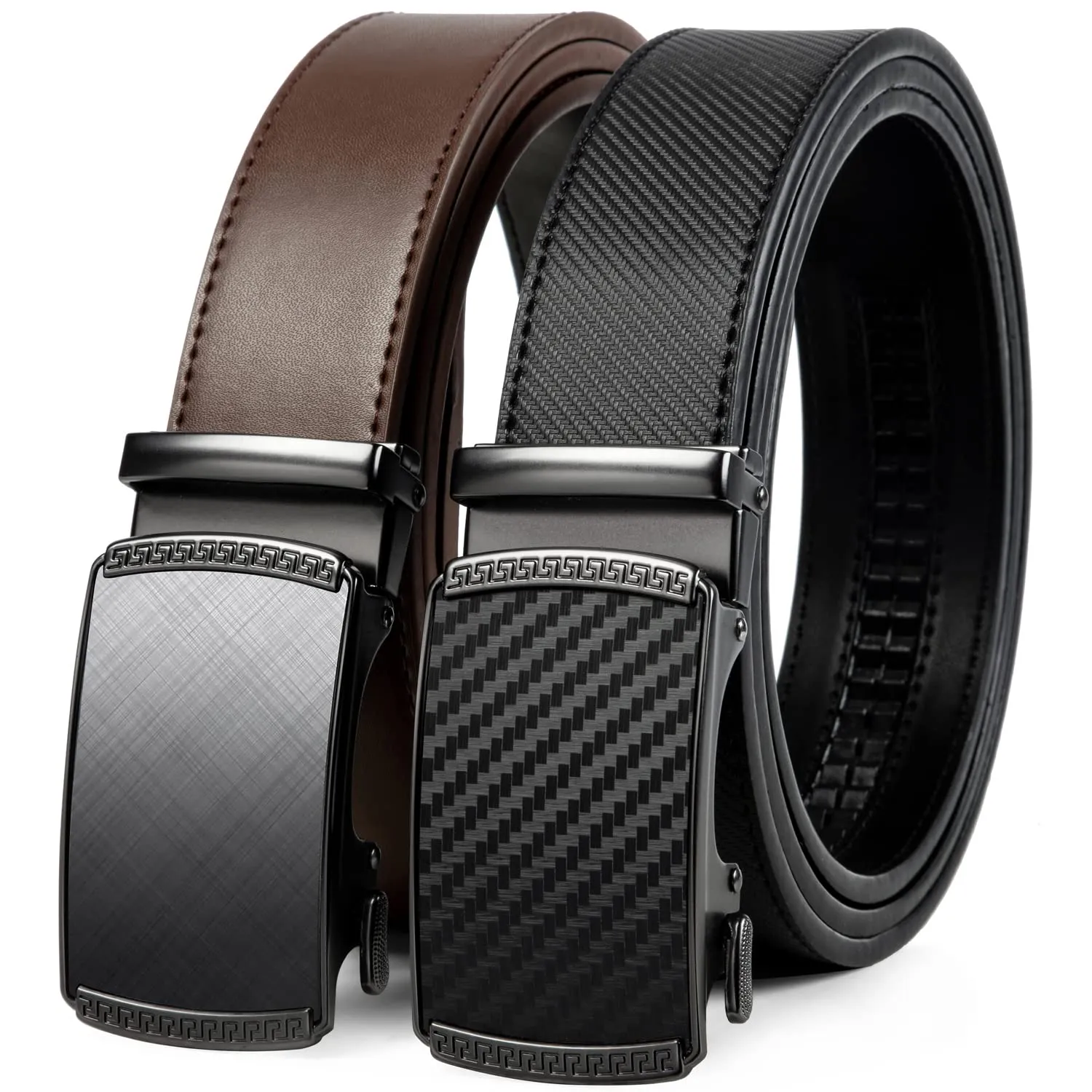 2 Pack Ratchet Belt 1 3/8", Leather Dress Belt with Click Sliding Buckle in Gift Set Box, Mens Adjustable Belt Trim to Fit (Carbon Fiber Belts Black/Brown, 28"-42" Waist Adjustable)