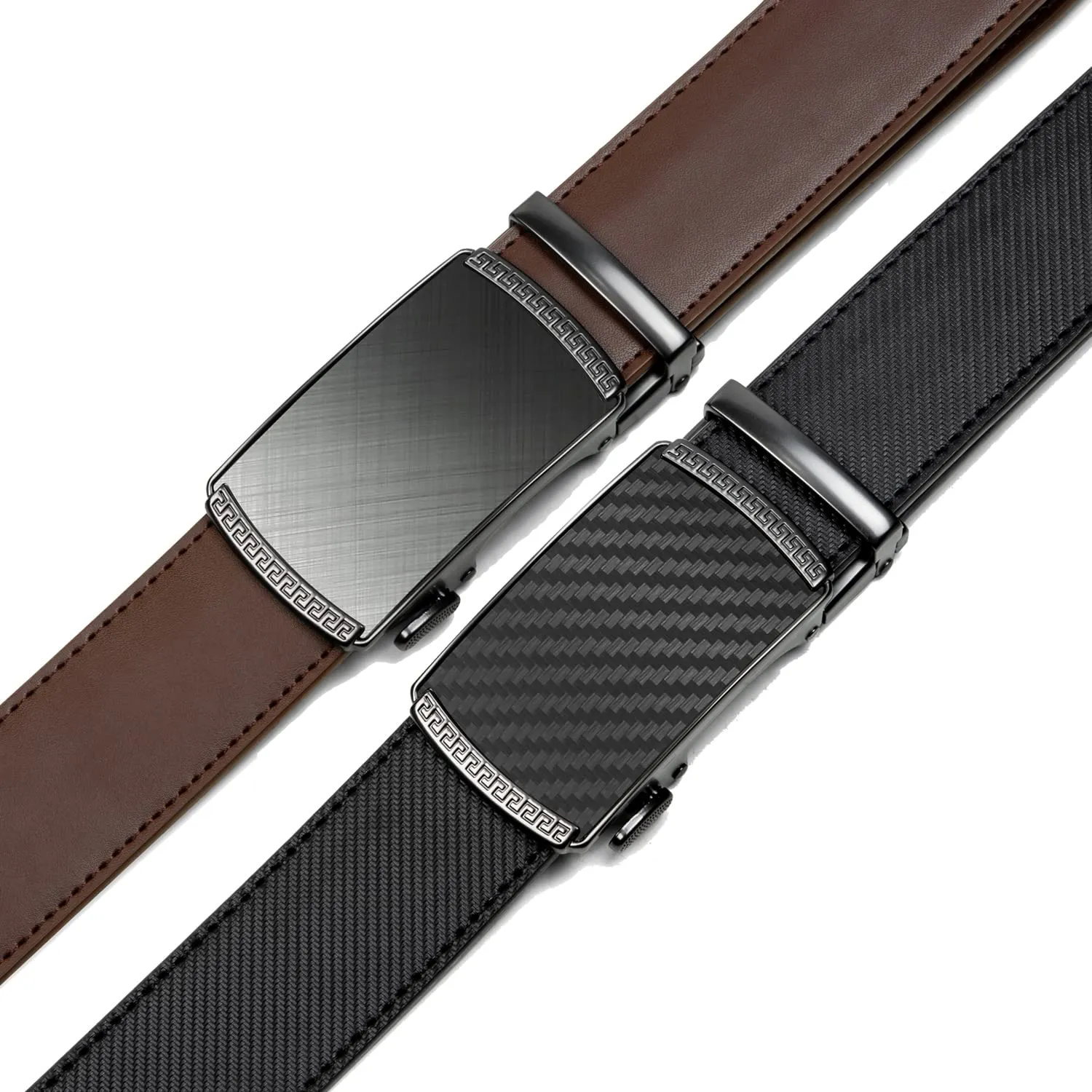 2 Pack Ratchet Belt 1 3/8", Leather Dress Belt with Click Sliding Buckle in Gift Set Box, Mens Adjustable Belt Trim to Fit (Carbon Fiber Belts Black/Brown, 28"-42" Waist Adjustable)