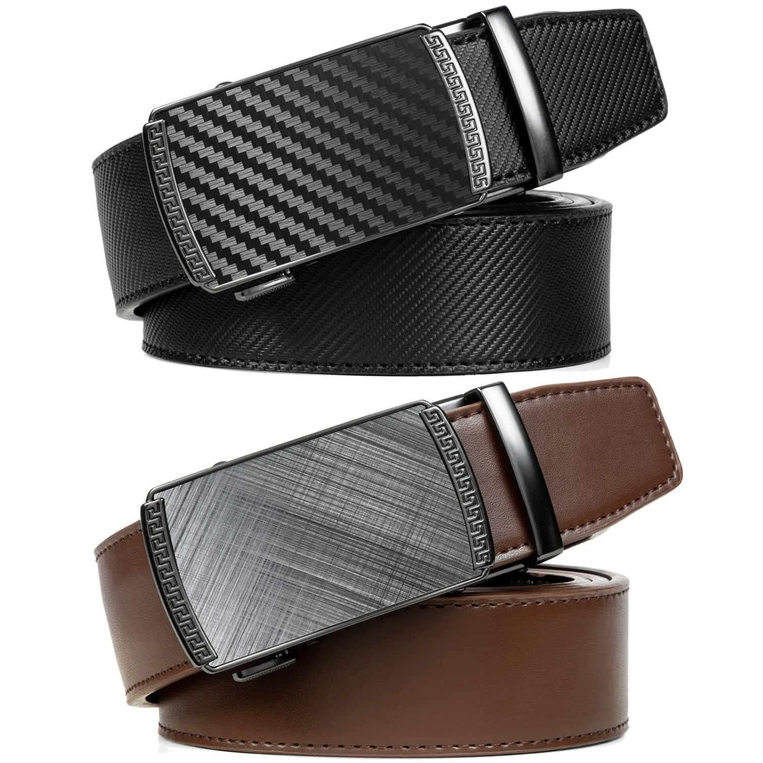 2 Pack Ratchet Belt 1 3/8", Leather Dress Belt with Click Sliding Buckle in Gift Set Box, Mens Adjustable Belt Trim to Fit (Carbon Fiber Belts Black/Brown, 28"-42" Waist Adjustable)