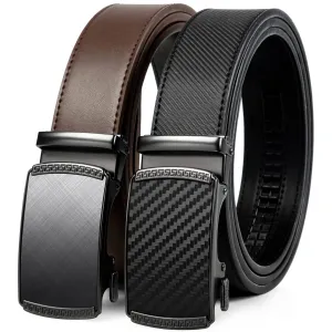 2 Pack Ratchet Belt 1 3/8", Leather Dress Belt with Click Sliding Buckle in Gift Set Box, Mens Adjustable Belt Trim to Fit (Carbon Fiber Belts Black/Brown, 28"-42" Waist Adjustable)