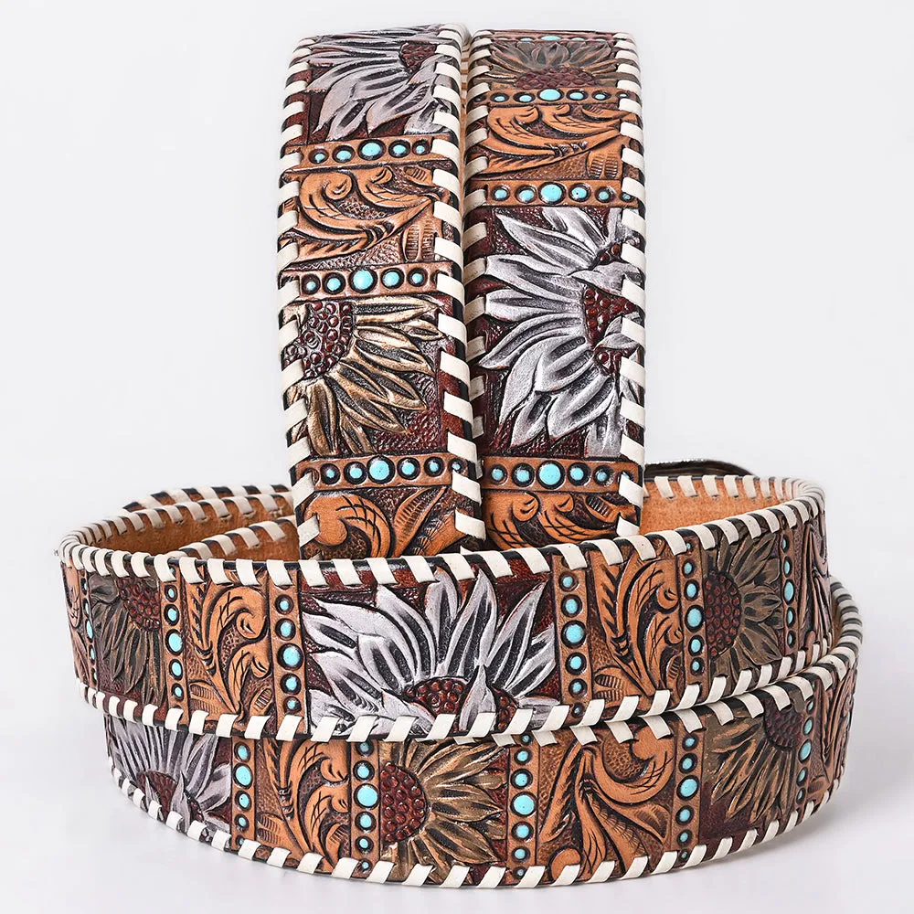 American Darling Floral Hand Carved Men & Women Genuine American Leather Belt Brown / White Gorgeous Hand Tooled & Painted