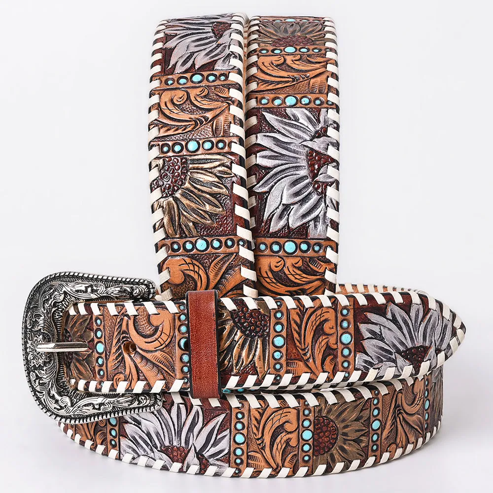 American Darling Floral Hand Carved Men & Women Genuine American Leather Belt Brown / White Gorgeous Hand Tooled & Painted