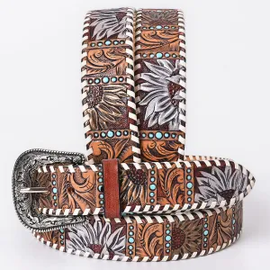 American Darling Floral Hand Carved Men & Women Genuine American Leather Belt Brown / White Gorgeous Hand Tooled & Painted
