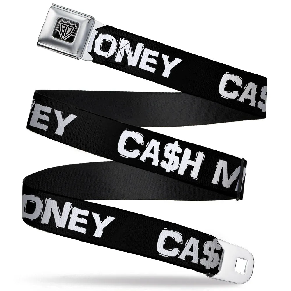 BD Wings Logo CLOSE-UP Full Color Black Silver Seatbelt Belt - CA$H MONEY Black/White Webbing