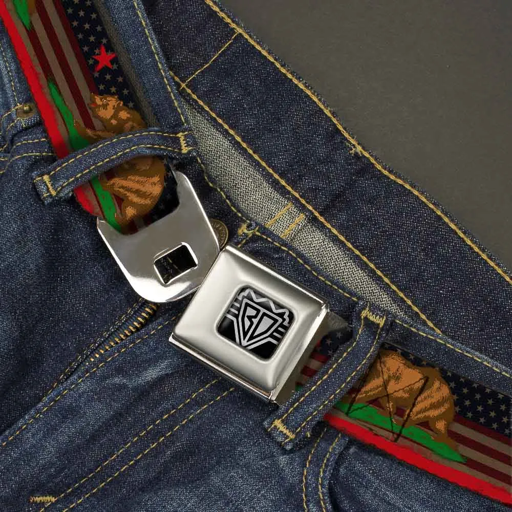 BD Wings Logo CLOSE-UP Full Color Black Silver Seatbelt Belt - Cali Bear/Star/Stripe/US Flag Stretch Webbing