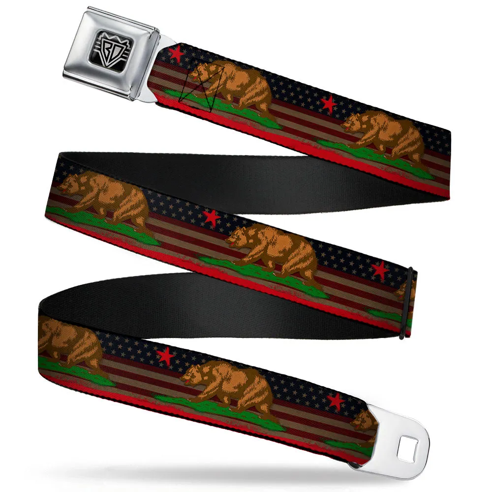 BD Wings Logo CLOSE-UP Full Color Black Silver Seatbelt Belt - Cali Bear/Star/Stripe/US Flag Stretch Webbing