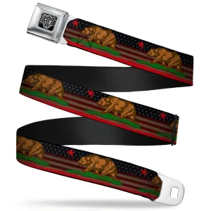 BD Wings Logo CLOSE-UP Full Color Black Silver Seatbelt Belt - Cali Bear/Star/Stripe/US Flag Stretch Webbing