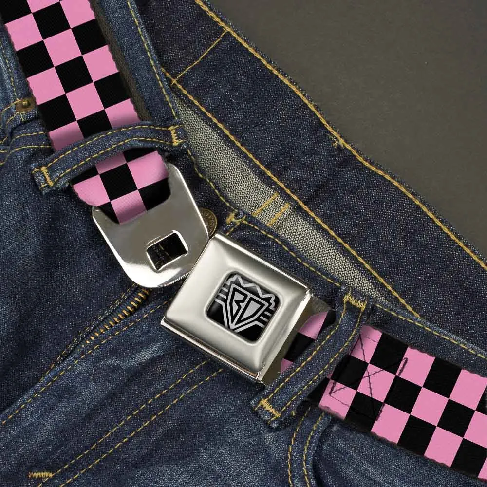 BD Wings Logo CLOSE-UP Full Color Black Silver Seatbelt Belt - Checker Black/Baby Pink Webbing