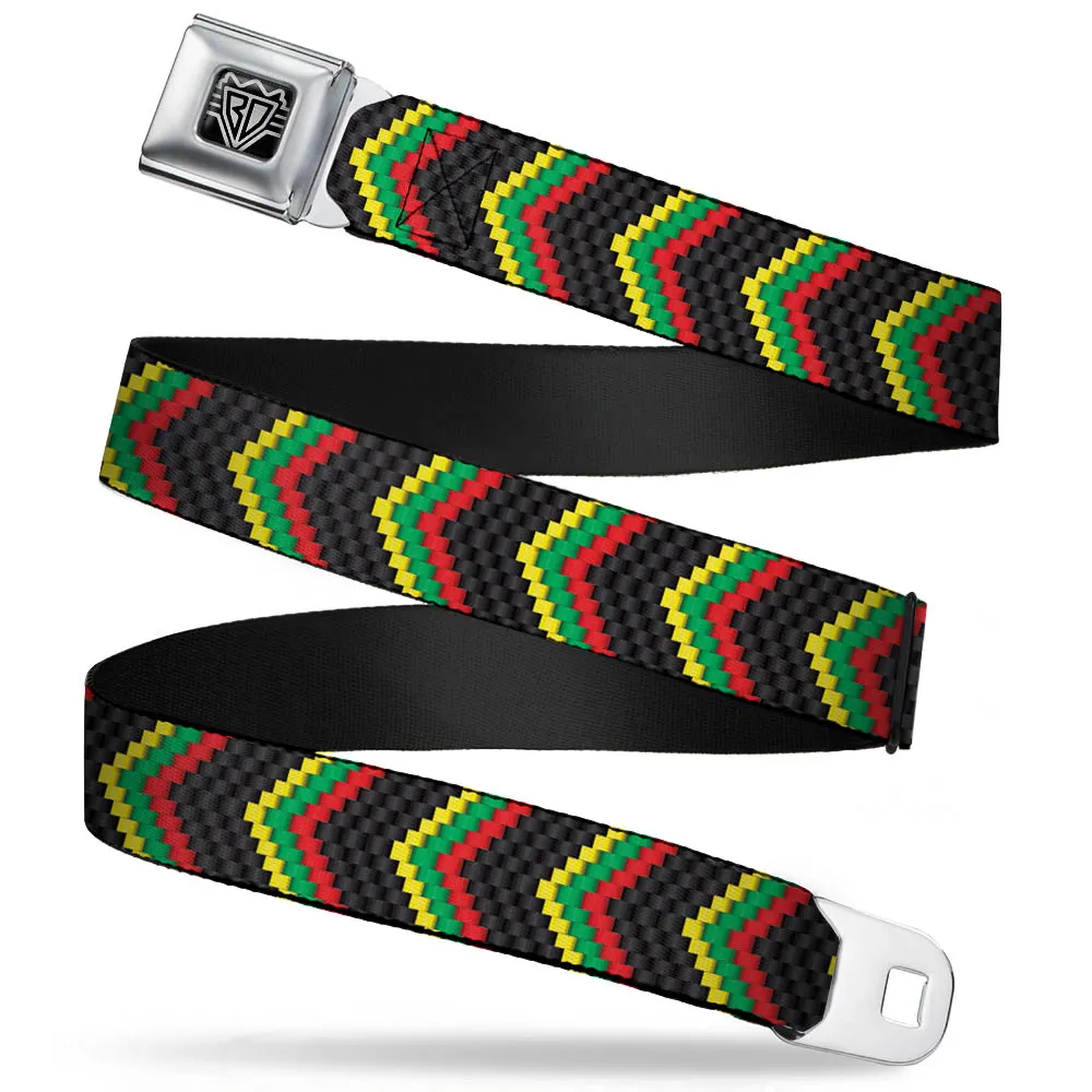 BD Wings Logo CLOSE-UP Full Color Black Silver Seatbelt Belt - Chevron Weave Black/Rasta Webbing