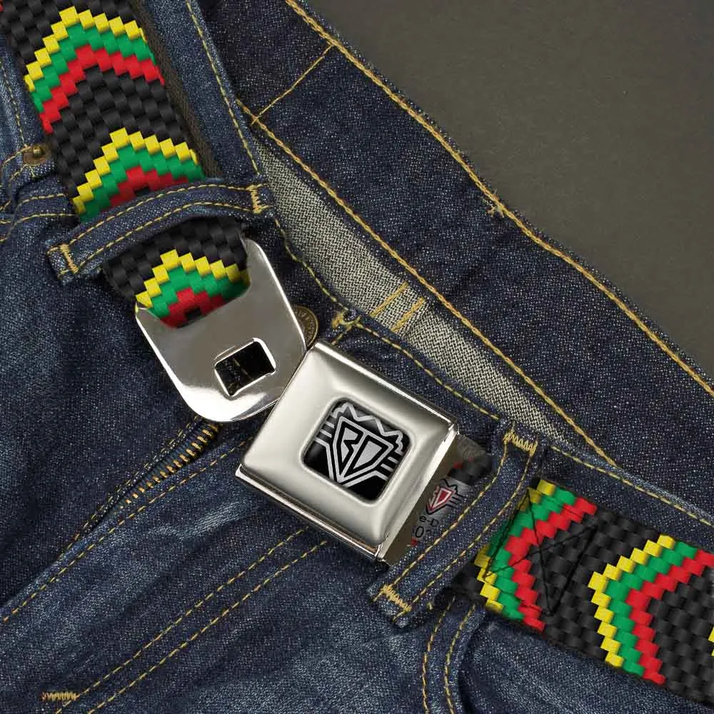 BD Wings Logo CLOSE-UP Full Color Black Silver Seatbelt Belt - Chevron Weave Black/Rasta Webbing