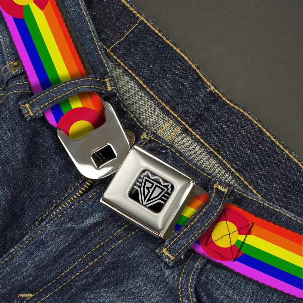 BD Wings Logo CLOSE-UP Full Color Black Silver Seatbelt Belt - Colorado Flags2 Pride Webbing