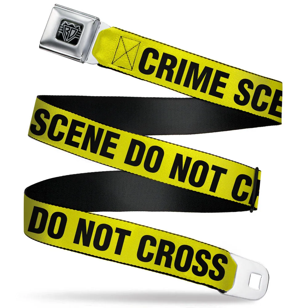 BD Wings Logo CLOSE-UP Full Color Black Silver Seatbelt Belt - CRIME SCENE DO NOT CROSS Yellow/Black Webbing
