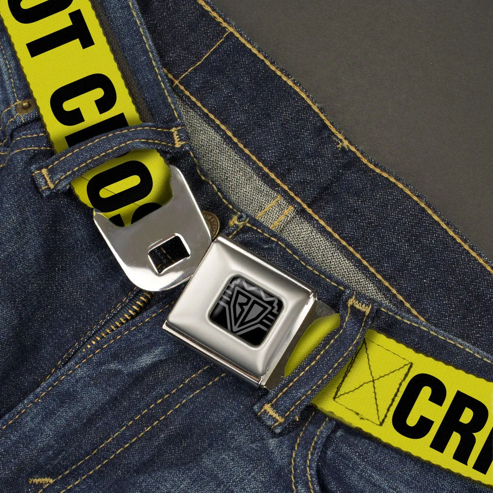 BD Wings Logo CLOSE-UP Full Color Black Silver Seatbelt Belt - CRIME SCENE DO NOT CROSS Yellow/Black Webbing