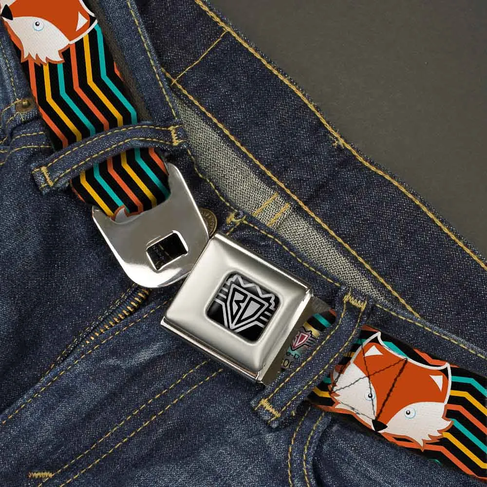 BD Wings Logo CLOSE-UP Full Color Black Silver Seatbelt Belt - Fox Face/Stripes Black/Multi Color Webbing