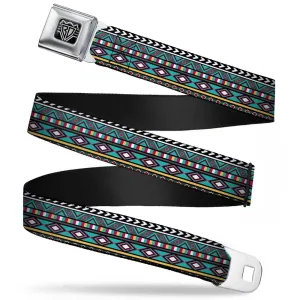 BD Wings Logo CLOSE-UP Full Color Black Silver Seatbelt Belt - Geometric5 Gray/Teal/White/Pink/Yellow Webbing