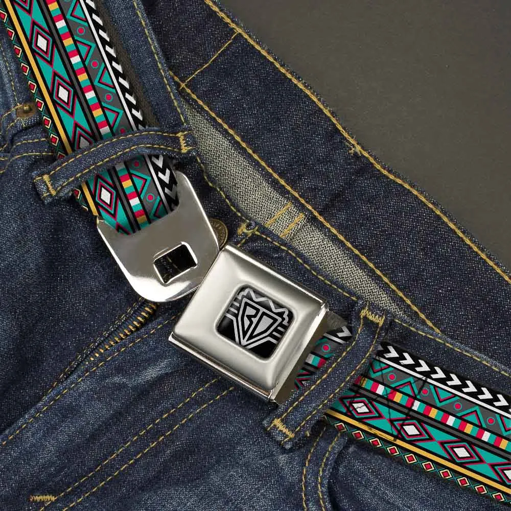 BD Wings Logo CLOSE-UP Full Color Black Silver Seatbelt Belt - Geometric5 Gray/Teal/White/Pink/Yellow Webbing