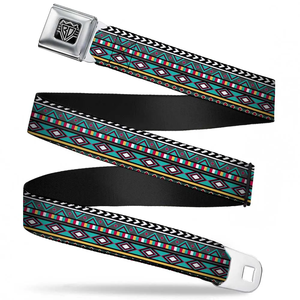 BD Wings Logo CLOSE-UP Full Color Black Silver Seatbelt Belt - Geometric5 Gray/Teal/White/Pink/Yellow Webbing