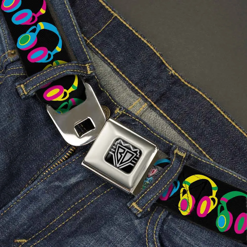 BD Wings Logo CLOSE-UP Full Color Black Silver Seatbelt Belt - Headphones Black/Neon Webbing