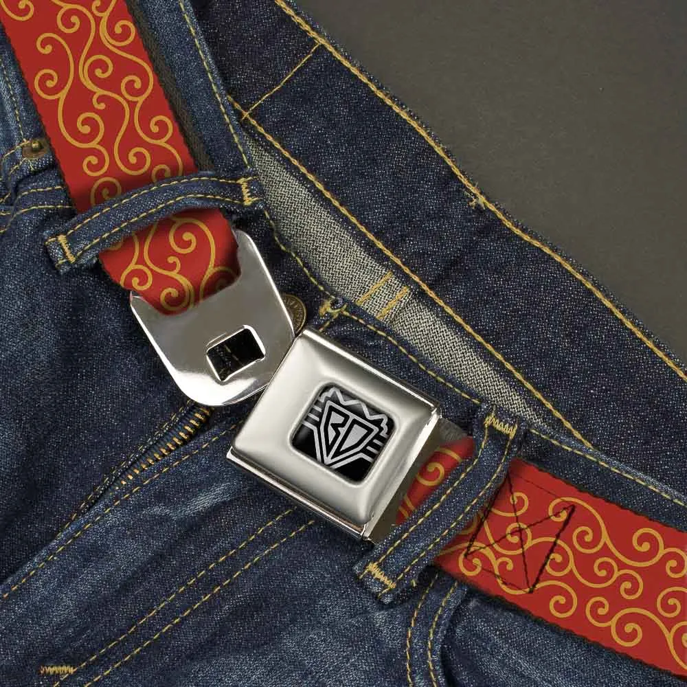 BD Wings Logo CLOSE-UP Full Color Black Silver Seatbelt Belt - Holiday Trim Swirls Red/Gold Webbing