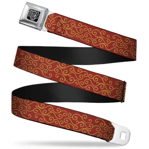 BD Wings Logo CLOSE-UP Full Color Black Silver Seatbelt Belt - Holiday Trim Swirls Red/Gold Webbing