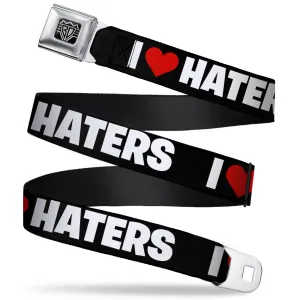 BD Wings Logo CLOSE-UP Full Color Black Silver Seatbelt Belt - I "Heart" HATERS Black/White/Red Webbing
