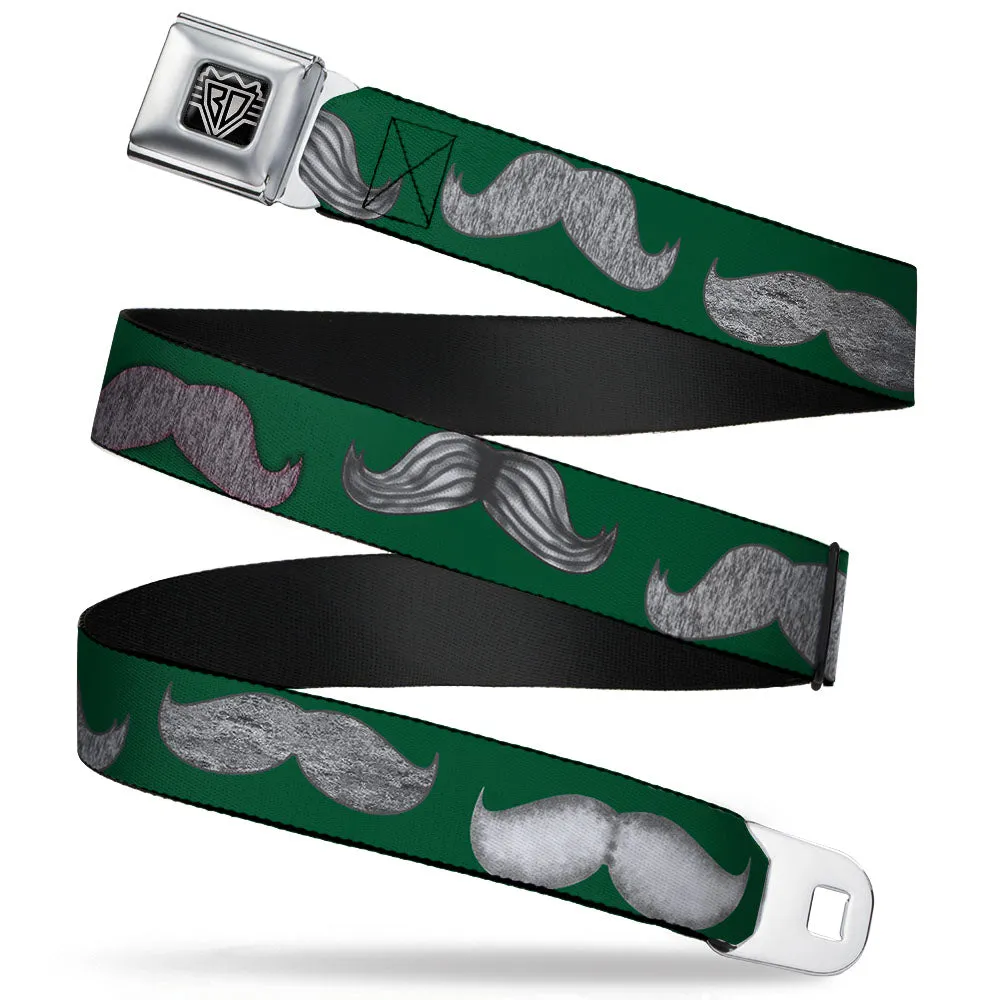 BD Wings Logo CLOSE-UP Full Color Black Silver Seatbelt Belt - Mustaches Green/Sketch Webbing
