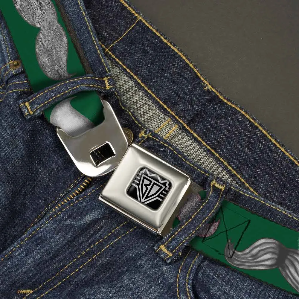 BD Wings Logo CLOSE-UP Full Color Black Silver Seatbelt Belt - Mustaches Green/Sketch Webbing