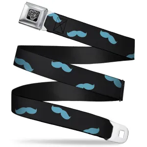 BD Wings Logo CLOSE-UP Full Color Black Silver Seatbelt Belt - Mustaches Scattered Black/Turquoise Webbing