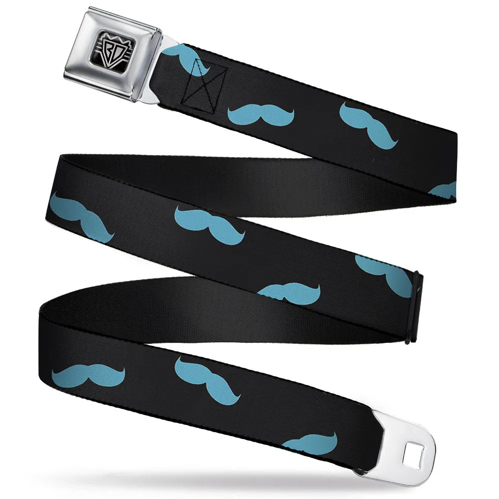 BD Wings Logo CLOSE-UP Full Color Black Silver Seatbelt Belt - Mustaches Scattered Black/Turquoise Webbing
