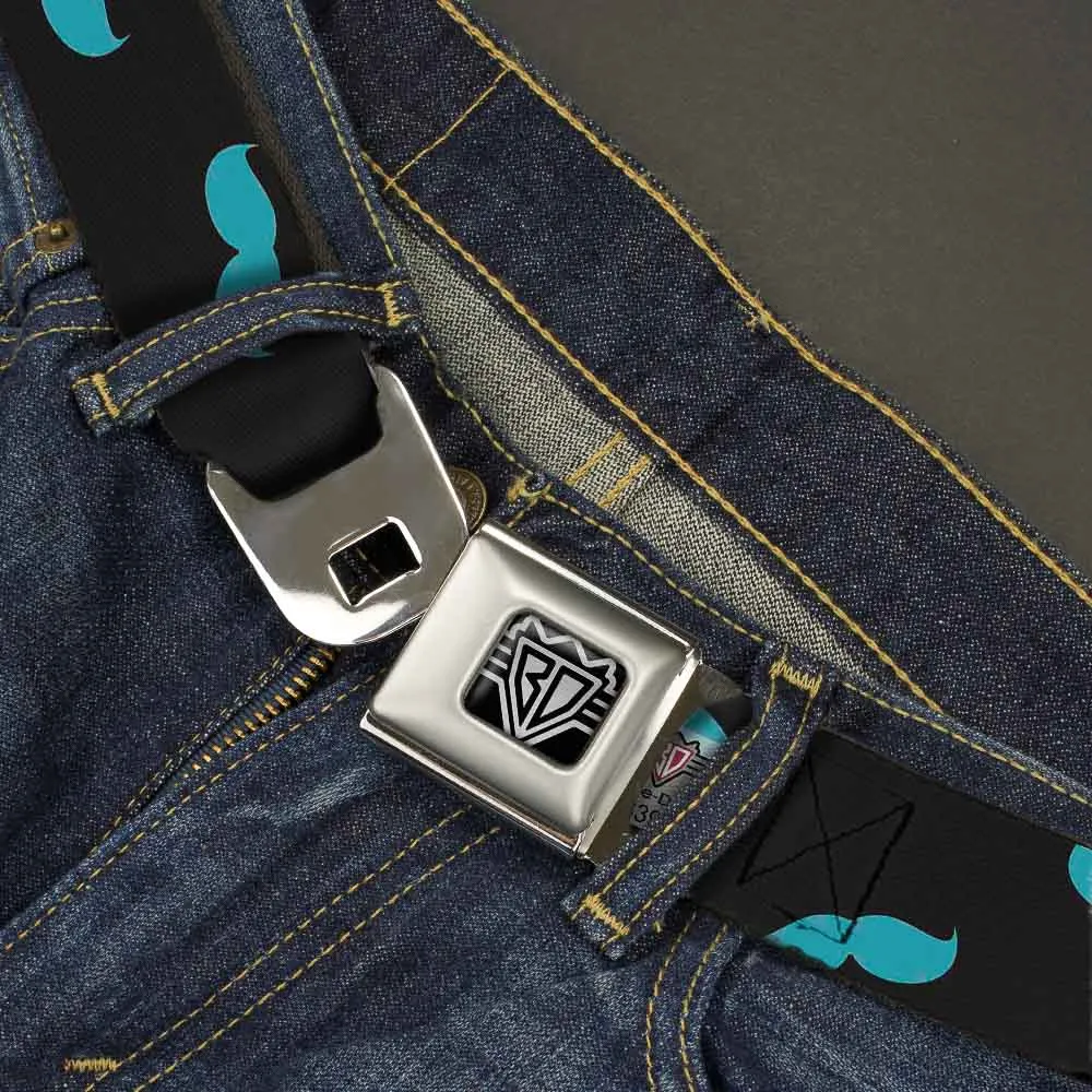 BD Wings Logo CLOSE-UP Full Color Black Silver Seatbelt Belt - Mustaches Scattered Black/Turquoise Webbing
