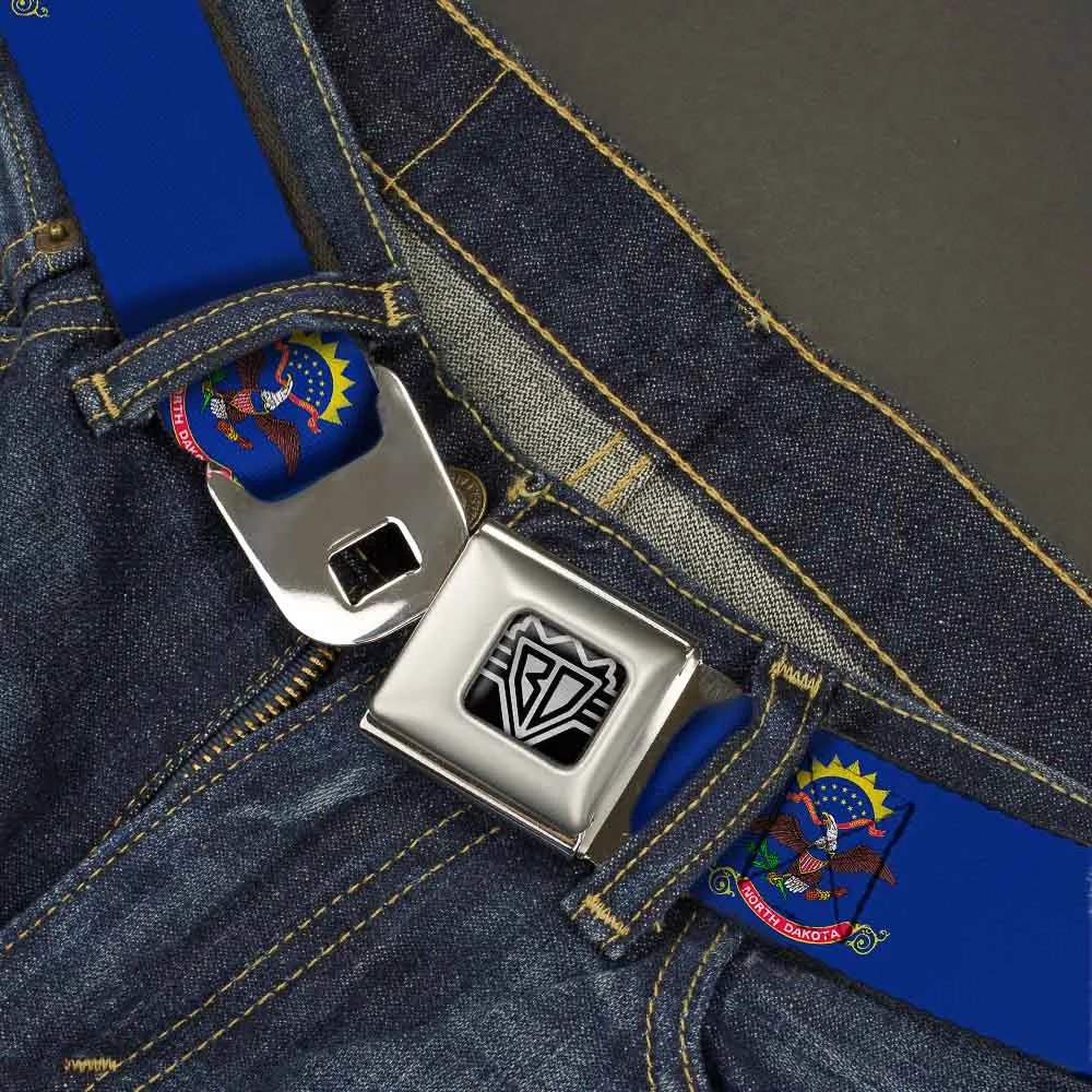 BD Wings Logo CLOSE-UP Full Color Black Silver Seatbelt Belt - North Dakota Flags Webbing