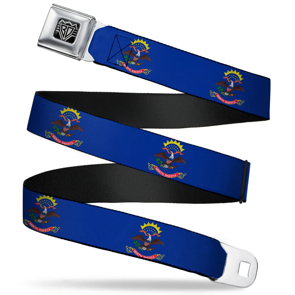 BD Wings Logo CLOSE-UP Full Color Black Silver Seatbelt Belt - North Dakota Flags Webbing