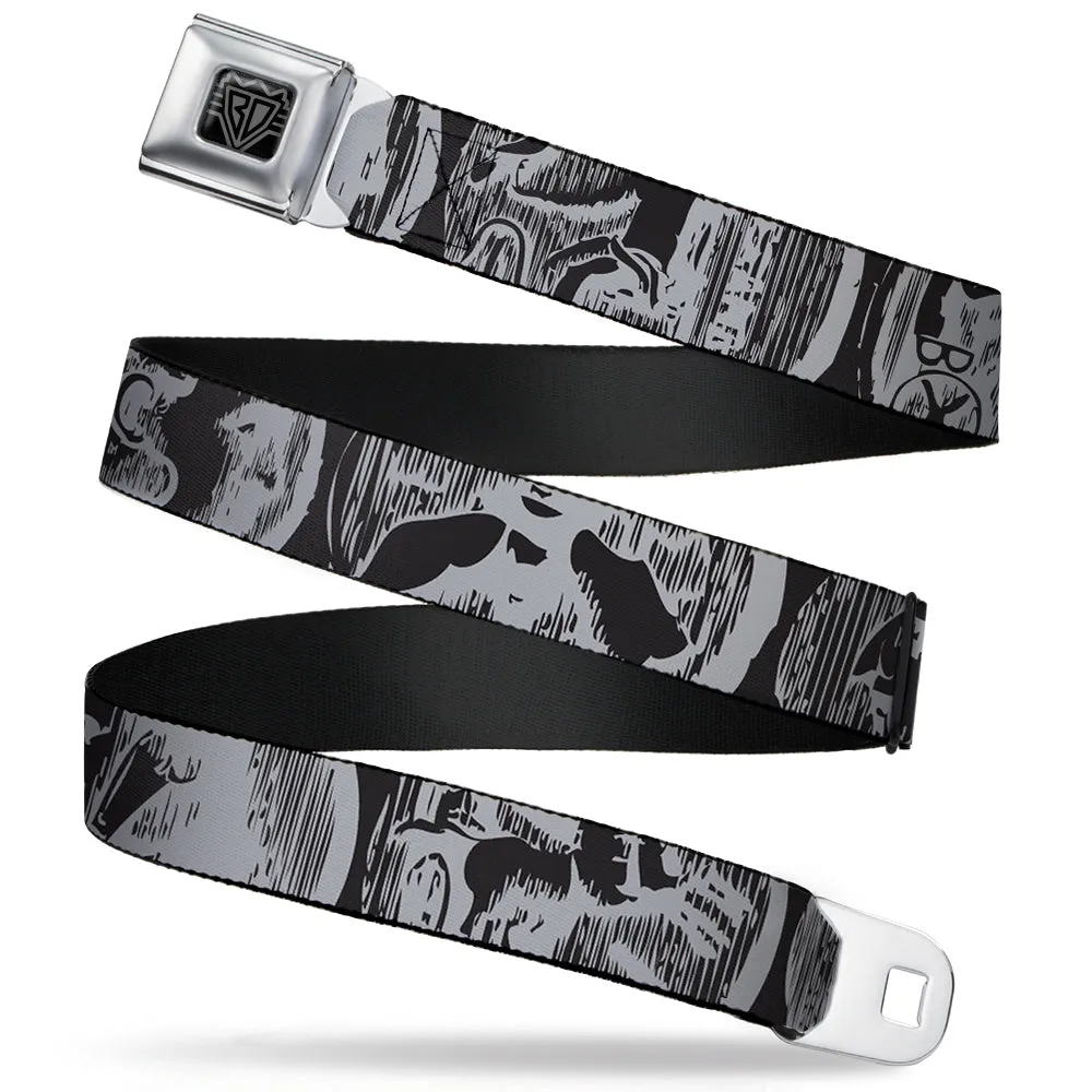 BD Wings Logo CLOSE-UP Full Color Black Silver Seatbelt Belt - Old World Coinage CLOSE-UP Black/Gray Webbing