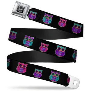 BD Wings Logo CLOSE-UP Full Color Black Silver Seatbelt Belt - Owls Black/Fuchsia/Purple/Turquoise Webbing