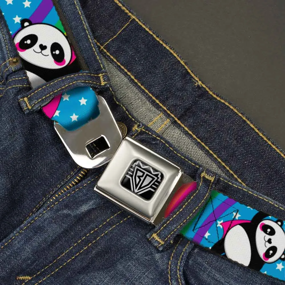 BD Wings Logo CLOSE-UP Full Color Black Silver Seatbelt Belt - Pandas & Rainbows w/Stars Webbing