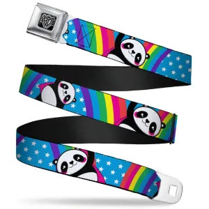 BD Wings Logo CLOSE-UP Full Color Black Silver Seatbelt Belt - Pandas & Rainbows w/Stars Webbing
