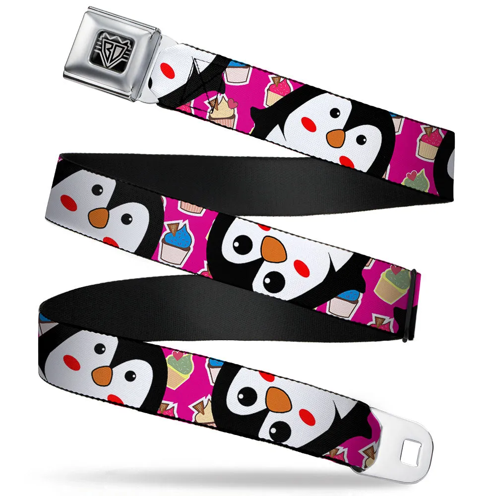 BD Wings Logo CLOSE-UP Full Color Black Silver Seatbelt Belt - Penguins w/Cupcakes Fuchsia/Multi Color Webbing