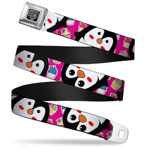 BD Wings Logo CLOSE-UP Full Color Black Silver Seatbelt Belt - Penguins w/Cupcakes Fuchsia/Multi Color Webbing